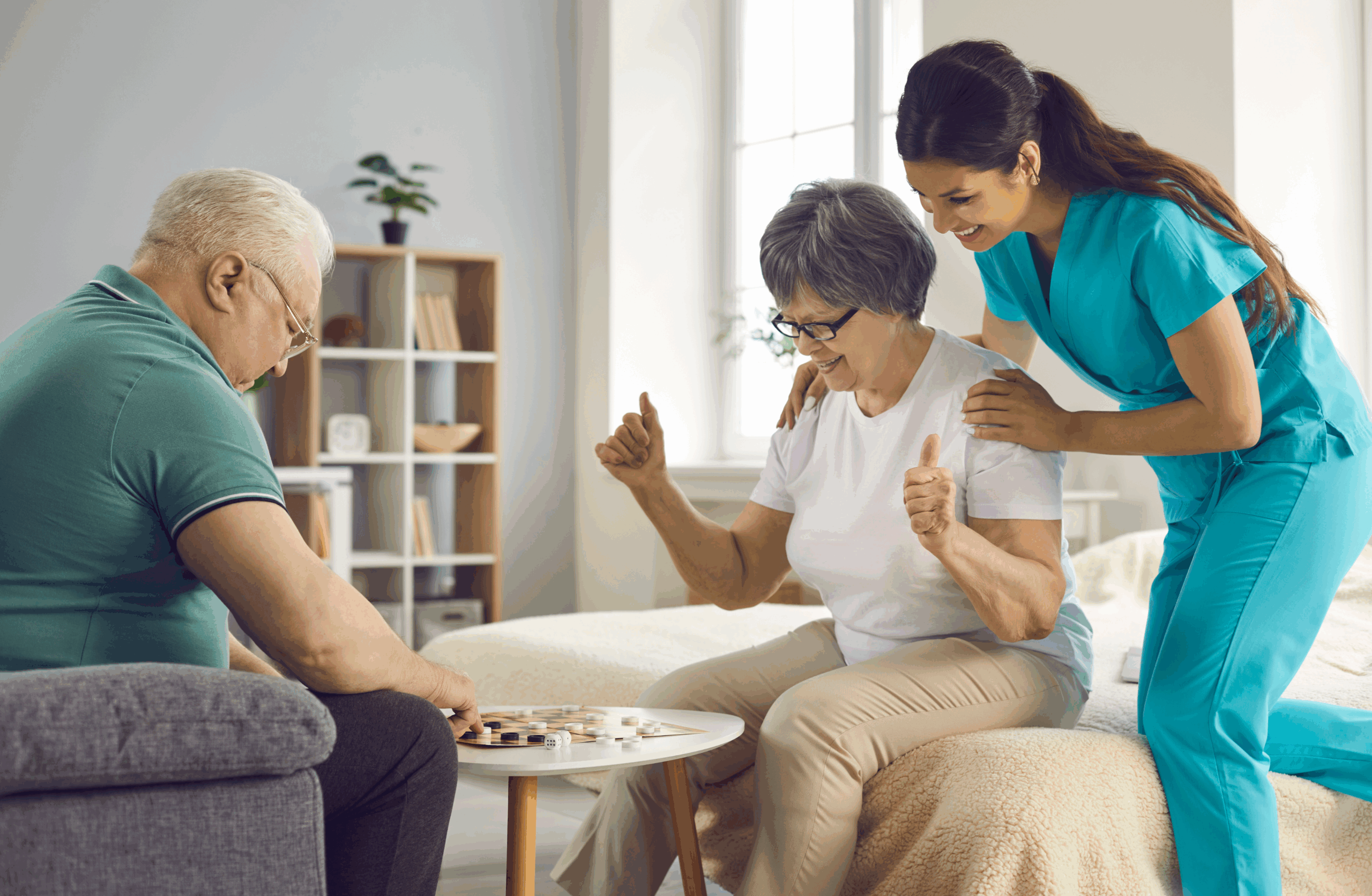 Carer providing palliative care for dementia patients while she enjoys a joyful moment playing with her husband in a peaceful home setting.
